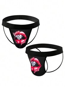 Men's Digital Letter And Lip Print Thong Underwear - Hot Pink - View 1