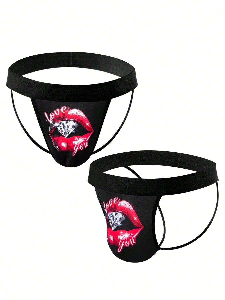 Men's Digital Letter And Lip Print Thong Underwear - Hot Pink - View 1