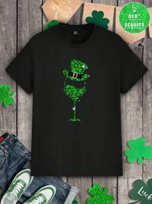 Manfinity Homme 圣帕特里克节时尚休闲三叶草、金色箔效果酒杯、帽子元素印花情侣T恤，适合派对聚会、约会、男友礼物 - 黑色 - 查看 4