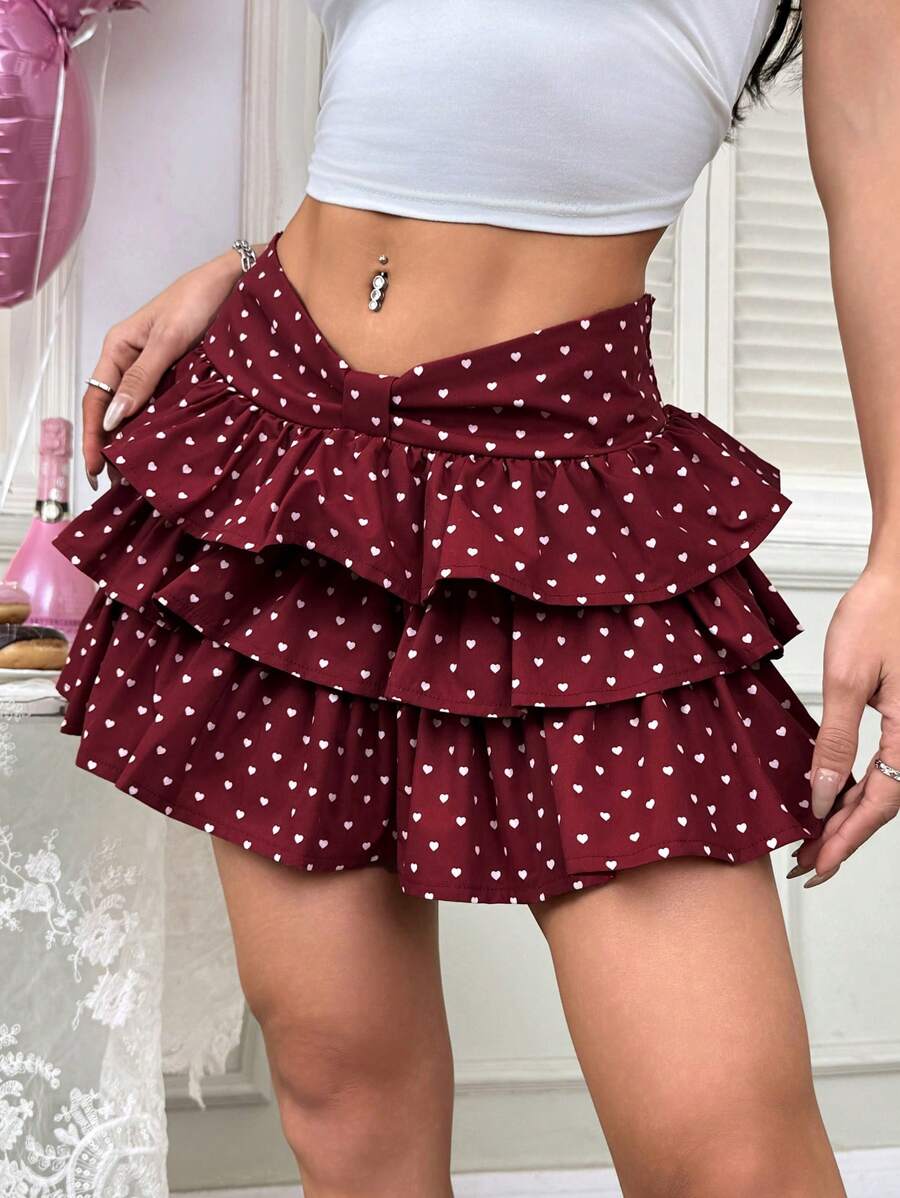 SHEIN EZwear Minikjol med hjärta och tårta för kvinnor, moderiktig - Bourgogne - Visa 1