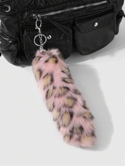 Grunge Punk 1pc Fashionable Luxury Leopard Print Fluffy Faux Fur Animal Tail Keychain, DIY Bag Charm, Stylish High-Quality Pink Design, Suitable For Women Daily Use Or As Gift