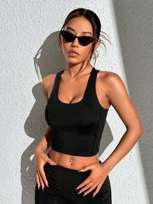 Easithlete 纯色运动短款上衣，内置胸罩和机场装合身衬衫胸罩吊带，上托运动胸罩，露背运动胸罩，胸罩吊带，运动胸罩，适合健身 - 黑色 - 查看 4