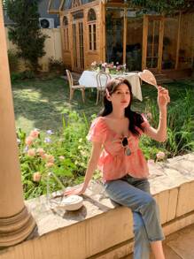 DAZY Blusa con doble capa en el bajo y pliegues frontales con estampado de flores de durazno para mujer - Rosa - Ver 6