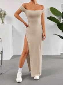 SHEIN EZwear 女士纯色简约休闲露肩高开叉连衣裙 - 卡其色 - 查看 6