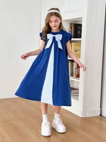 SHEIN Leap Crew Tween Girls 经典百搭对比色彼得潘领蝴蝶结荷叶边宽松休闲连衣裙，适合返校和日常穿着 - 藍色 - 查看 3
