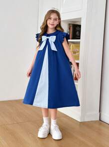 SHEIN Leap Crew Tween Girls 经典百搭对比色彼得潘领蝴蝶结荷叶边宽松休闲连衣裙，适合返校和日常穿着 - 藍色 - 查看 7