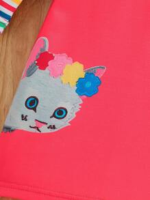 1 Pc Girls Casual Cute Cat Print Contrast Color Striped Long Sleeve Dress, Suitable For Adorable Girls In Spring - Red - View 7