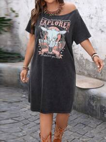 SHEIN LUNE Plus Size Gobi Cactus & Antelope Skull Print Asymmetric Shoulder Convertible T-Shirt Dress Spring Break Boho Cotton