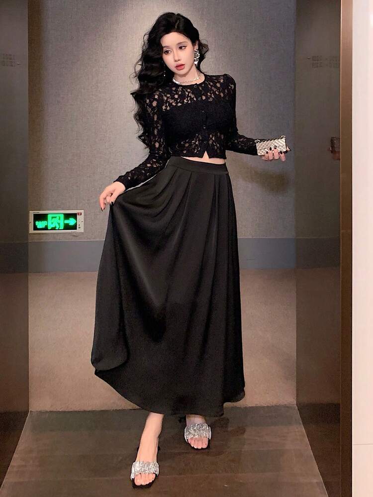 2pcs/Set Women Sheer Lace Top & A-Line Skirt, Sexy Outfit For Night Out,Fall Women Clothes