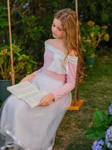 SHEIN Tween Girl 2 Pieces Set, Includes Off Shoulder Long Sleeve Bowknot Fitted Top In Pink And White Mesh Maxi Skirt, Elegant Casual Style For Spring/Summer Vacation, Girls Luxury Party Outfit