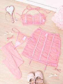 5pcs Sweet Romantic Sheer Mesh Ruched Lingerie Set, Pink' - Pink - View 7