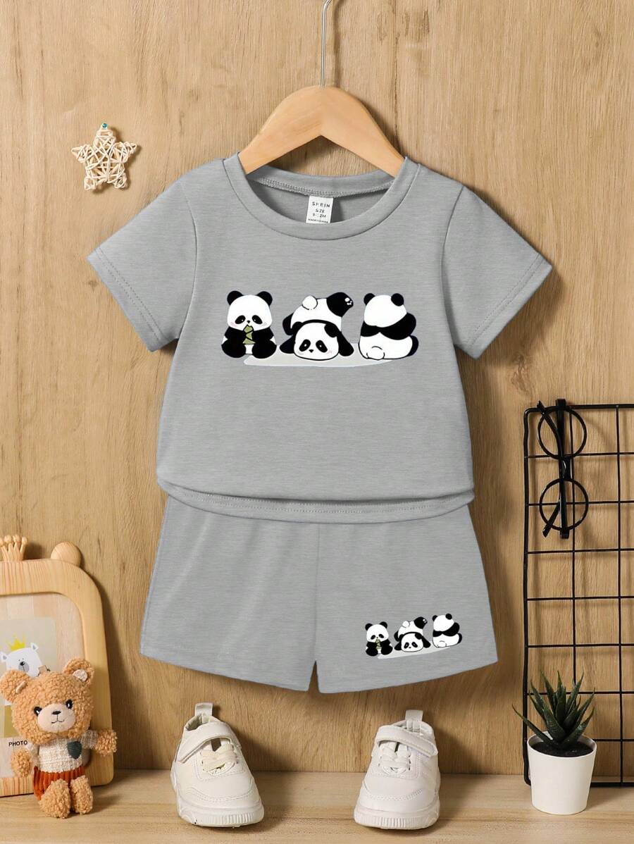 2 件装男婴可爱熊猫印花休闲运动服套装，适合日常穿着，春夏季 - 灰色 - 查看 1