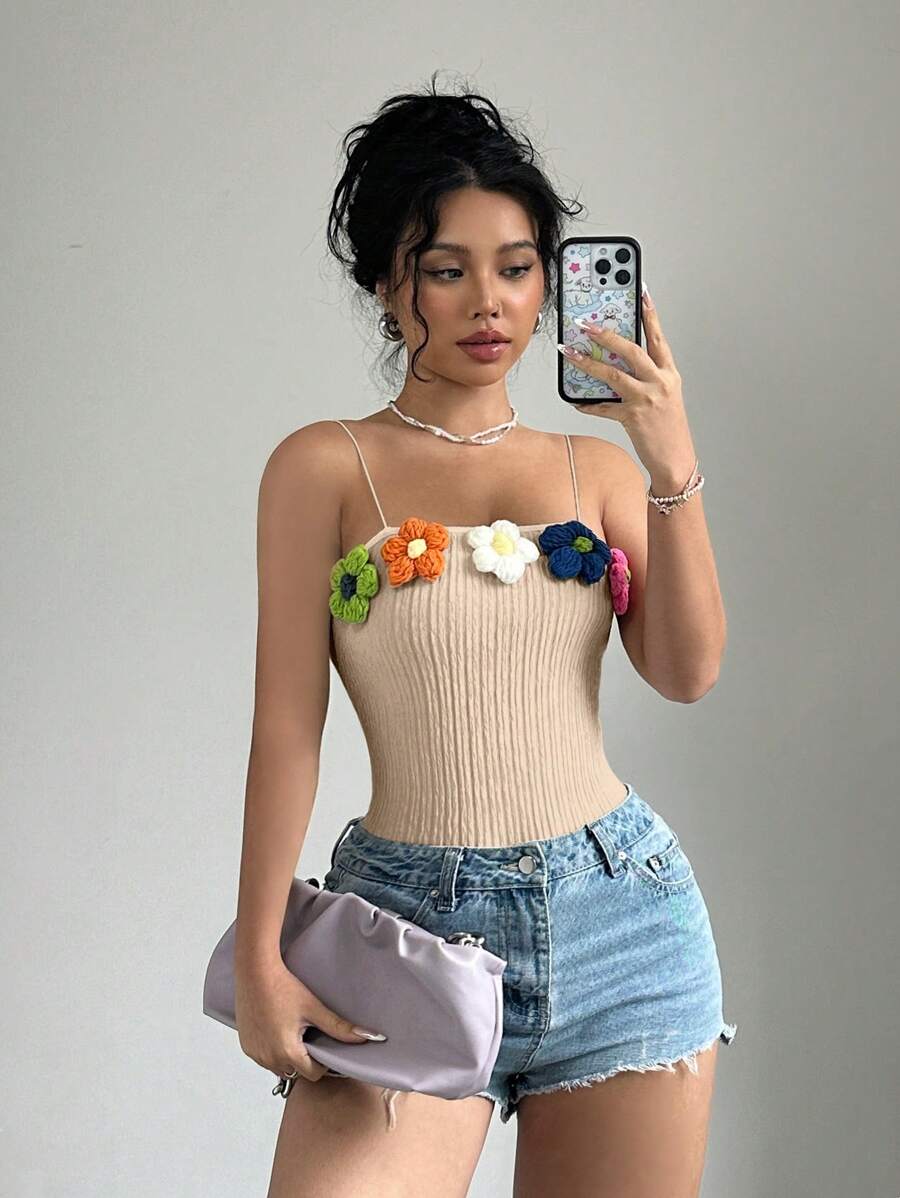 Elenzga Simple 3D Flower Decor Spaghetti Strap Tight-Fitting Casual Cold Shoulder Top - Apricot - View 1