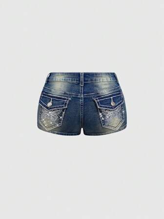 J-Fashion Shorts di jeans da donna in stile Y2K, vita super bassa, super corti, con ricamo a farfalla, strass e effetto vissuto