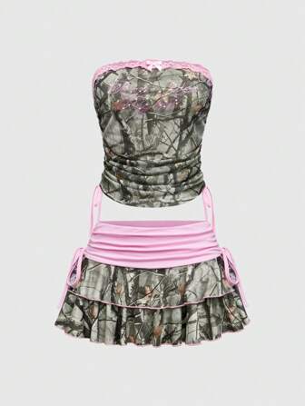 Kawaii Y2K Vintage American Casual Camouflage Mesh Rhinestone Drawstring Top And Ruffle Trim Mini Skirt 2 Pieces Set For Women