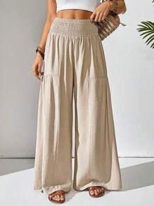 Breezaya Quần ống rộng đơn giản, giản dị, màu trơn có dây rút túi dành cho nữ - Màu be - Xem 5