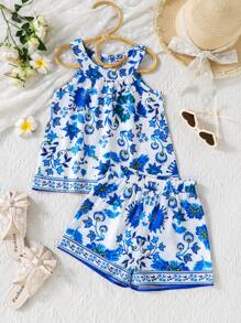 SHEIN مجموعة ملابس علوية كشكش أزرق مع شورت، مناسبة لأجواء العطلات الصيفية، قطعتان - متعدد الألوان - مشاهدة 3