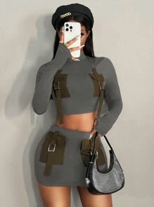 Slaydiva 2pcs/Set Women's Utility Pocket Cropped Long Sleeve Top & Bodycon Mini Skirt - Grey - View 1