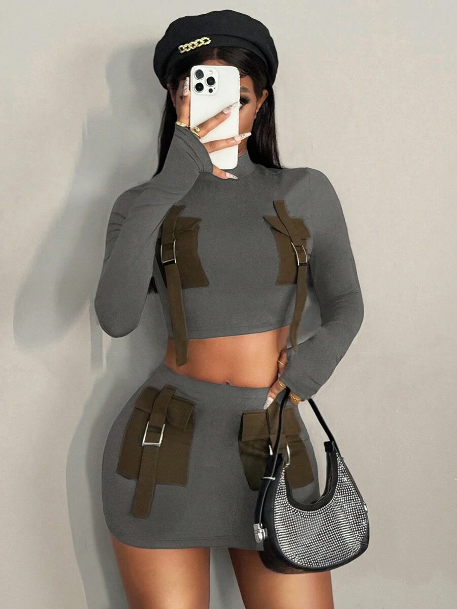 Slaydiva 2pcs/Set Women's Utility Pocket Cropped Long Sleeve Top & Bodycon Mini Skirt - Grey - View 1