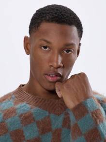 Musero Men V Neck Contrast Checkerboard Knit Long Sleeve Sweater Autumn Winter Jumper - Multicolor - View 5