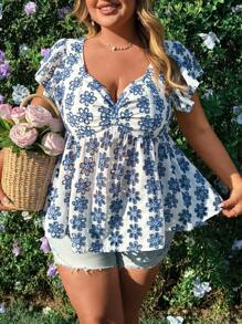 Flirla Blusa Peplum Amassada Boêmia Romântica para Férias, Plus Size, para Verão - Multicolorido - Visão 3