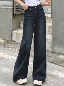 DAZY 女士前扣口袋休闲阔腿牛仔裤低腰牛仔裤 - 深色水洗藍 - 查看 3