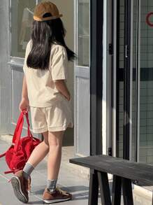 DAZY 2pcs/Set Tween Girls Casual Round Neck Short Sleeve Top And Shorts Set,Girls Summer Outfits,Back To School Clothes - Beige - View 2