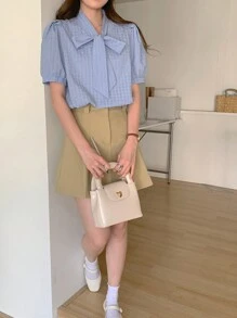 DAZY Women Textured Fabric Tie Front Short Sleeve Blouse, Spring/Summer