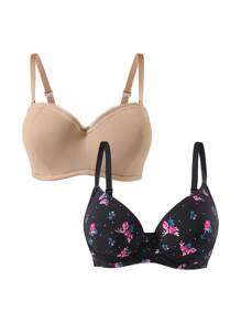 2pcs Plus Size Women Contrast Lace Comfortable Underwire Lingerie Bra Set - Multicolor - View 8