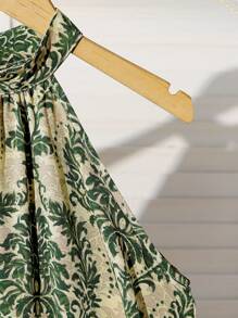 Tween Girl Casual Vacation Style Halter A-Line Dress, Minimalist Retro Pattern - Green - View 3