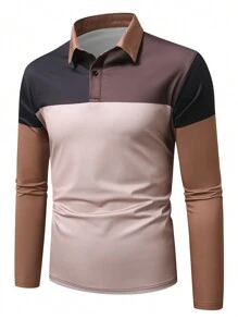 Manfinity Homme Men's Mature Casual INS Featuring A Hot-Selling Earthy Color Contrasting Button Placket Long Sleeve Polo Shirt. This Polo Shirt Showcases A Stylish Design With Earthy Tones And A Comfortable Fabric, Exuding A Sense Of Maturity And Fashion In Casual Tings. It's An Excellent Choice For Both Everyday Wear And Social Occasions.