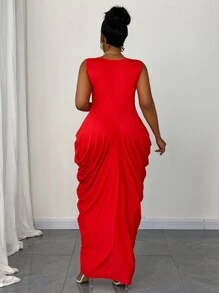 Maweii Women's Summer New Solid Color Sleeveless Loose Dress Plus Size - Red - View 4