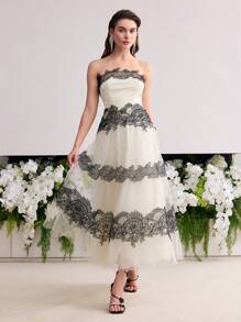 MOTF Soiréza CONTRAST LACE MESH TUBE DRESS - Black and White - View 6