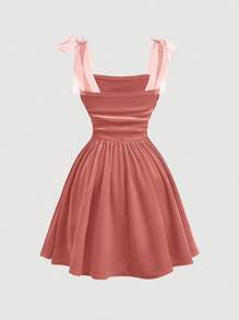 SHEIN Girlism Robe rose velours unicolore élégante avec volants, bretelles plissées en maille pour adolescente. Tenue idéale pour la Saint-Valentin, la remise des diplômes ou les soirées de gala - Rose bonbon - Voir 2