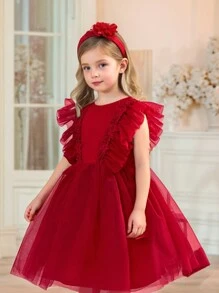 SHEIN 优雅酒红色无袖网眼荷叶边连衣裙，适合情人节 - 紅色 - 查看 3