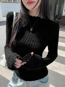 DAZY 女士立领羊毛面料修身长袖T恤，秋季服装 - 黑色 - 查看 2