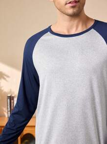 SHEIN Bộ đồ ngủ 2 món gồm áo dài tay phối màu và quần dài cho nam, đồ ngủ, quần áo thu đông - Xanh đậm - Xem 6