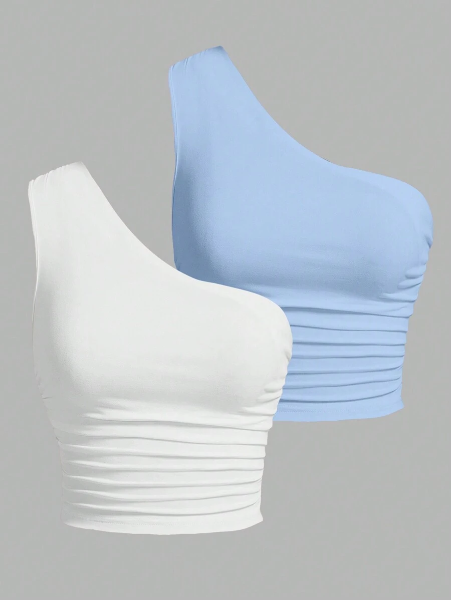 SHEIN EZwear Two-Piece Set Contrast Knit One-Shoulder Top For Women - Blue and White - View 1