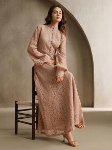 Anewsta Ladies' Long Sleeve Lace Rose Pink Dress Maxi Women Outfit - Khaki - View 4