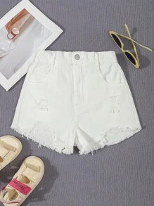 SHEIN Tween Girls' Loose Casual Minimalist Distressed Raw Hem Denim Shorts,Holiday,Summer,Travel, School, Campus, College - White - View 1