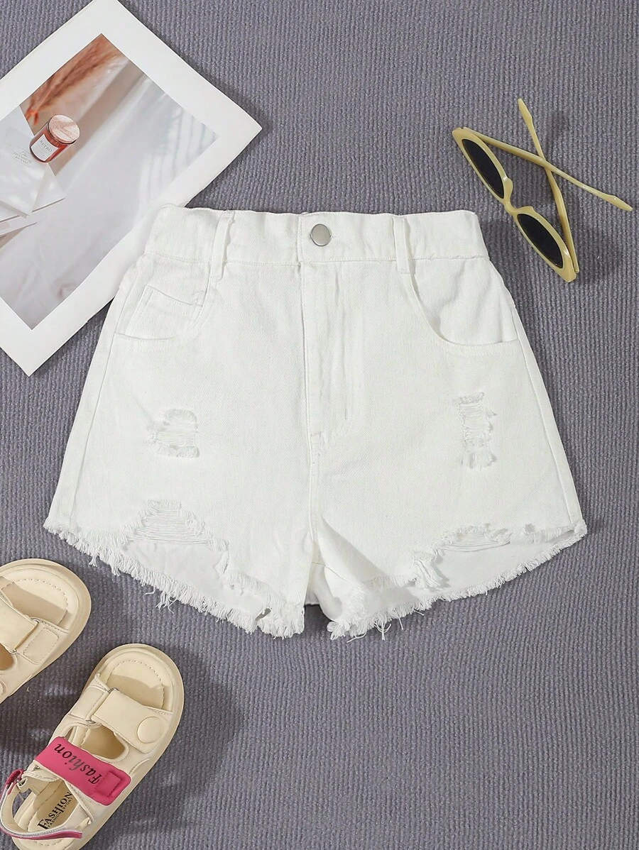 SHEIN Tween Girls' Loose Casual Minimalist Distressed Raw Hem Denim Shorts,Holiday,Summer,Travel, School, Campus, College - White - View 1