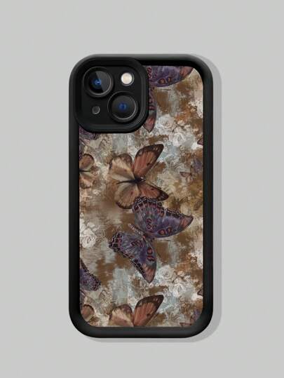 Fairycore 1 pezzo Custodia nera per cellulare con motivo retrò a farfalle e fiori, compatibile con Apple iPhone 13, 14, 15, 16