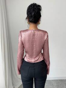 Elenzga Camicetta elegante e romantica con collo tondo, vita strizzata, in tessuto leggero e lucido con effetto madreperlato rosa