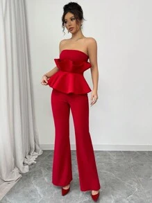 Elenzga 女士 2 件套：3D 荷叶边细肩带短款上衣 + 高腰喇叭裤，适合法国派对、复活节、情人节、中国新年等场合穿着