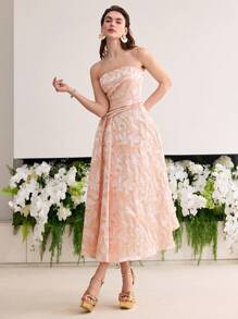 MOTF Soiréza 女士提花褶饰 A 字形抹胸鸡尾酒会连衣裙 - 珊瑚粉 - 查看 6