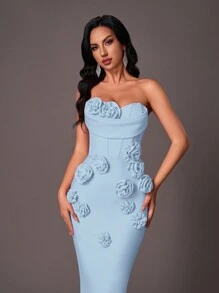Glamrae Elegant Strapless Ruffle Neck Fishbone & 3D Flower Design Formal Bandage Evening Dress - Light Wash - View 6