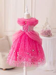 Glamorique Kids 小女孩公主裙，紫红色网纱连衣裙，紫红色印花网纱公主裙，珠宝，生日派对，派对礼服，婚礼节日正式礼服，优雅正式礼服，中东、欧洲和美国 - 玫紅色 - 查看 3