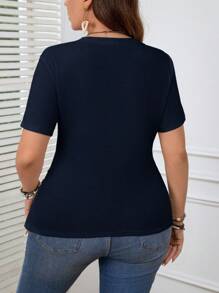 SHEIN LUNE Plus Size V-Neck Solid Color Short Sleeve Casual Top, Everyday Wear - Navy Blue - View 2