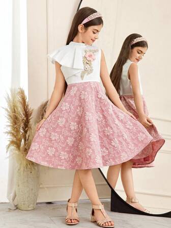 SHEIN Tween Girls 优雅时尚提花拼布短袖连衣裙，斋月连衣裙