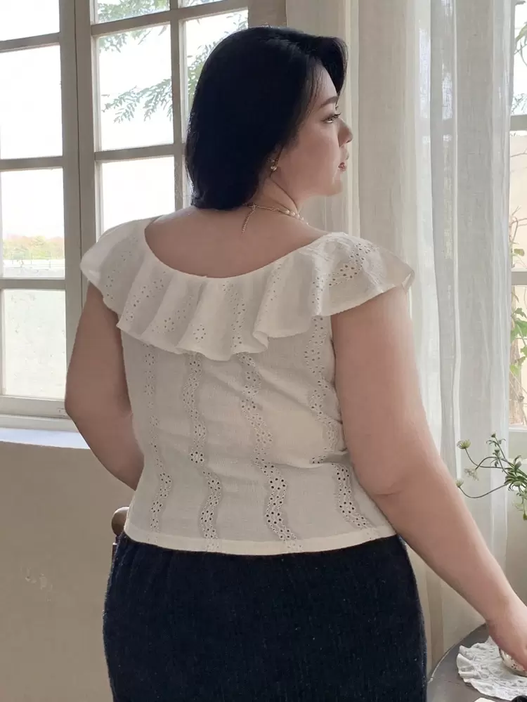 Dazy Plus Lace Ruffle Collar Deep V-Neck Short Sleeve Vacation Style T-Shirt, White, Spring/Summer Delicate Lace Women Clothing Summer Tops,Crop Tops Women Going Out Tops
